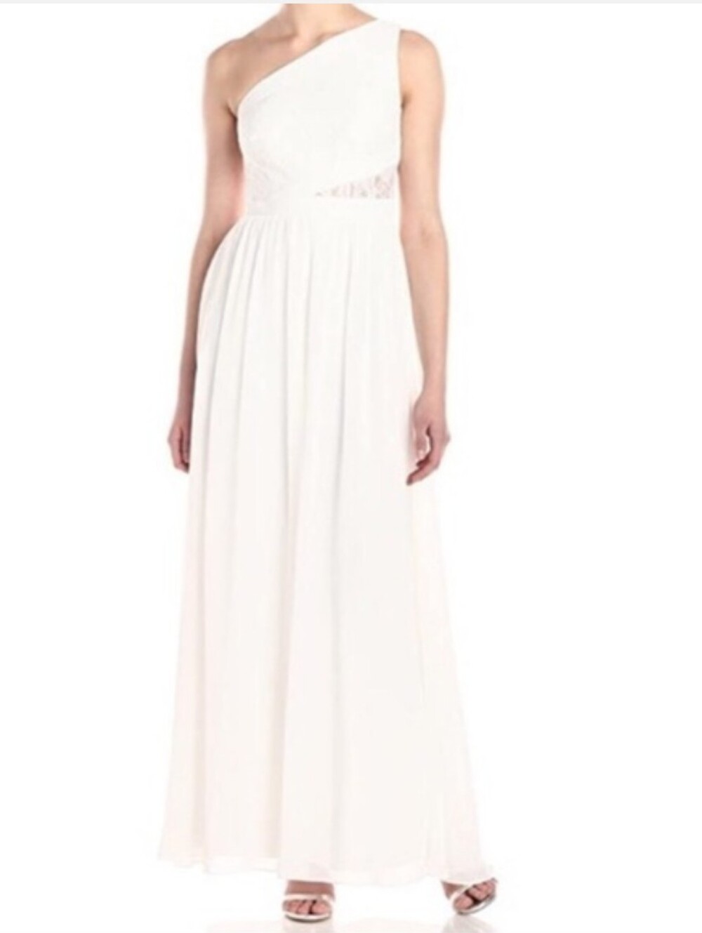 NWT Aidan Mattox Lace Peekaboo One Shoulder Chiffon Ivory Maxi Dress Size 0